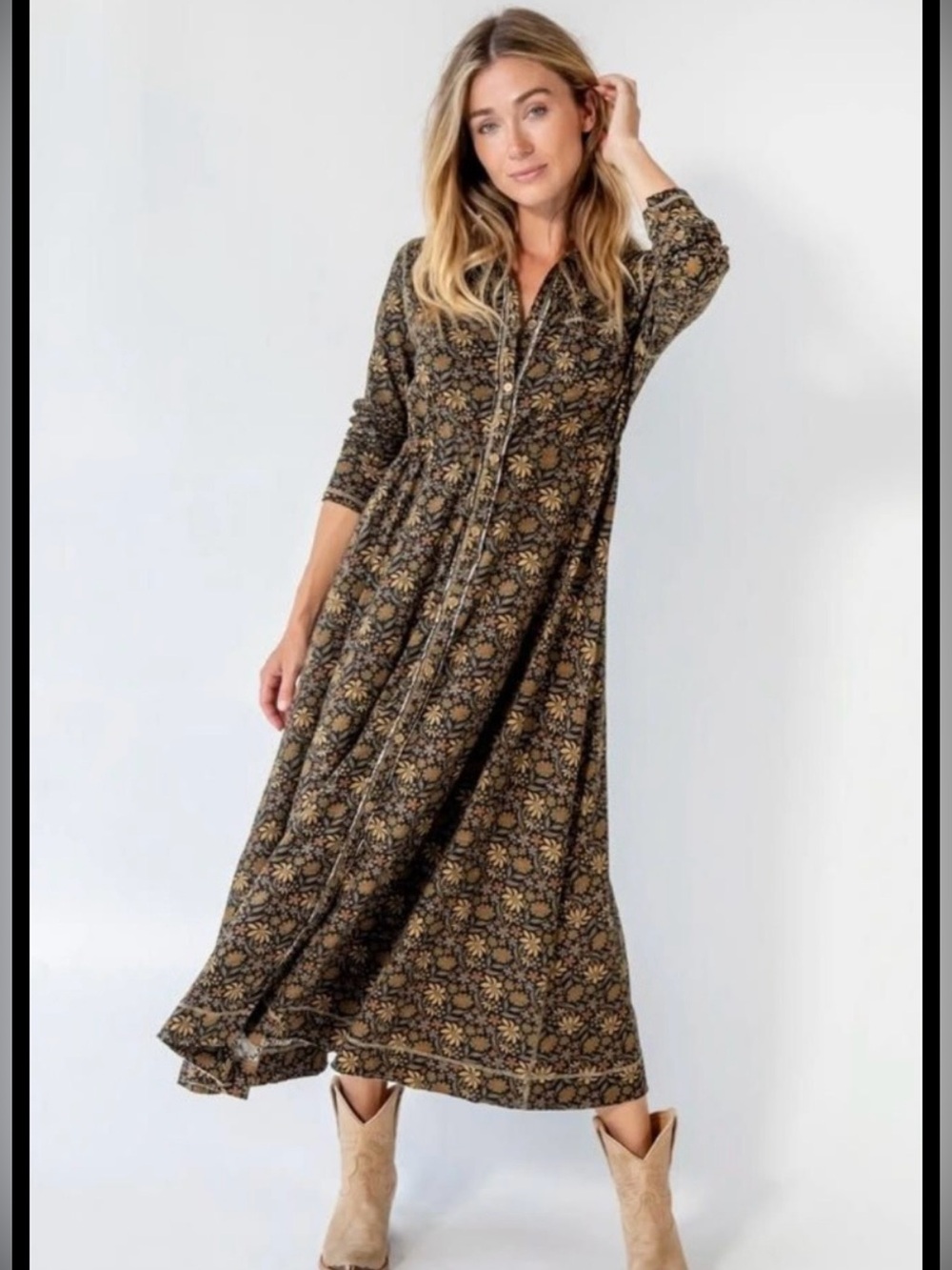 NATURAL LIFE Black Maxi Dress with Tan Floral Print Size Large